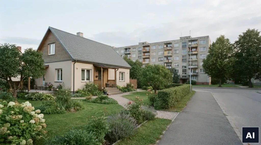Dom jednorodzinny z ogrodem i blok mieszkalny w tle w polskim miasteczku