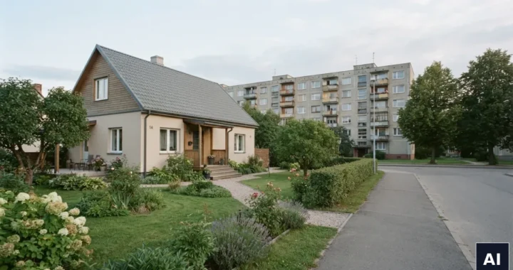 Dom jednorodzinny z ogrodem i blok mieszkalny w tle w polskim miasteczku
